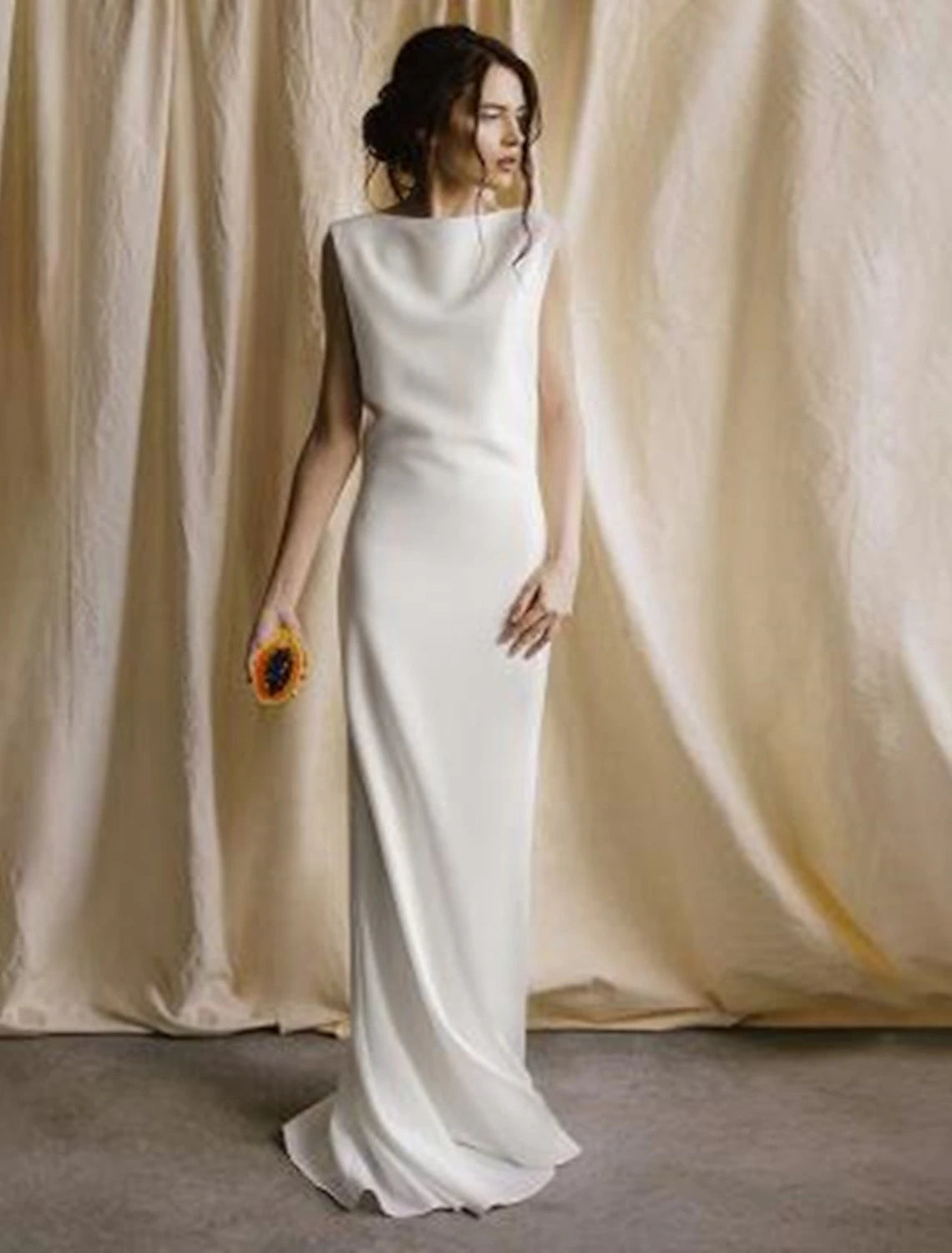 Wholesale  Reception Open Back Casual Wedding Dresses Sheath / Column Scoop Neck Sleeveless Sweep / Brush Train Satin Bridal Gowns With Solid Color Summer Fall Wedding Party Women's Clothing